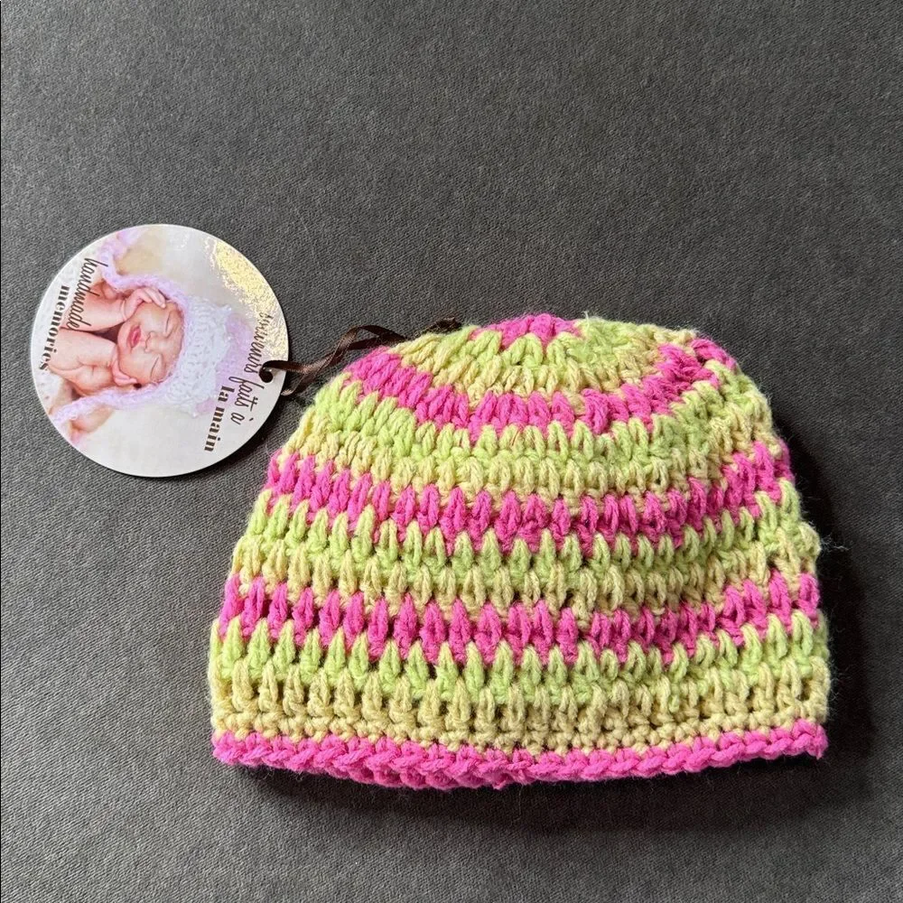 Daisy Baby Girls Crocheted Skull Hat Beanie Pink and Lime Green 2-8 years NEW